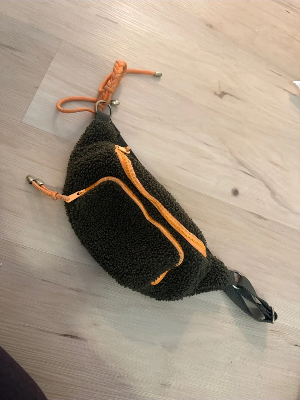 Anthropologie Olive Green Sherpa Crossbody Bag with Orange Accents